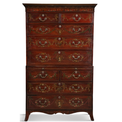 576 - A GEORGE III POLYCHROME DECORATED MAHOGANY CHEST ON CHEST,   the dentil cornice above two short and ... 