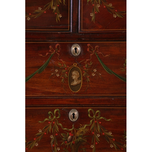 576 - A GEORGE III POLYCHROME DECORATED MAHOGANY CHEST ON CHEST,   the dentil cornice above two short and ... 