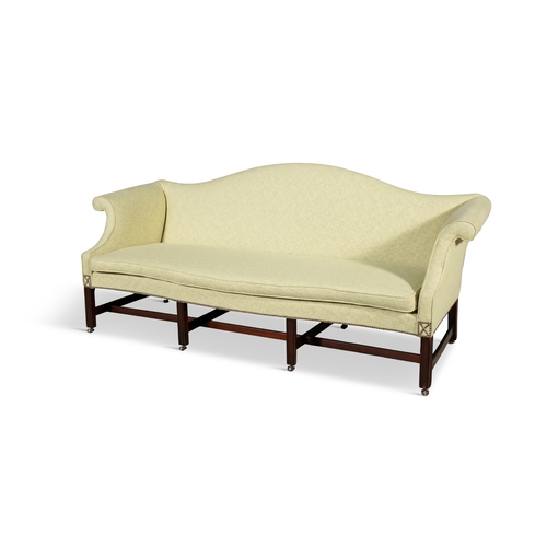 578 - A MAHOGANY FRAMED HUMP BACK THREE SEAT SOFA 19TH CENTURY ,  upholstered in light green damask, with ... 