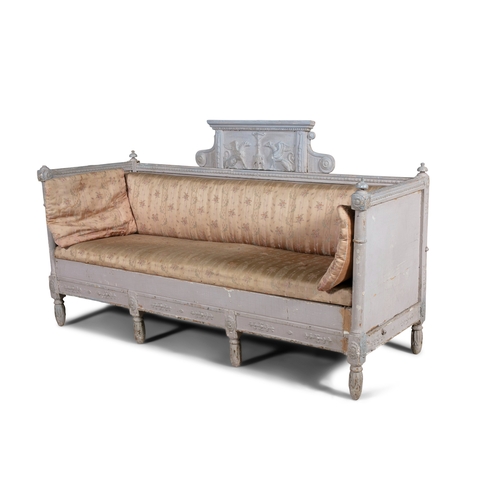 581 - A SWEDISH GUSTAVIAN GREY PAINTED THREE SEAT SETTLE,  of rectangular form, with raised classical tabl... 