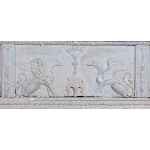 581 - A SWEDISH GUSTAVIAN GREY PAINTED THREE SEAT SETTLE,  of rectangular form, with raised classical tabl... 