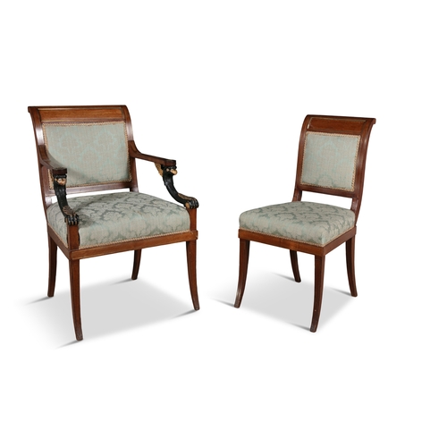 596 - A SET OF FOURTEEN FRENCH EMPIRE STYLE BRASS INLAID MAHOGANY DINING CHAIRS 19TH CENTURY,  comprising ... 