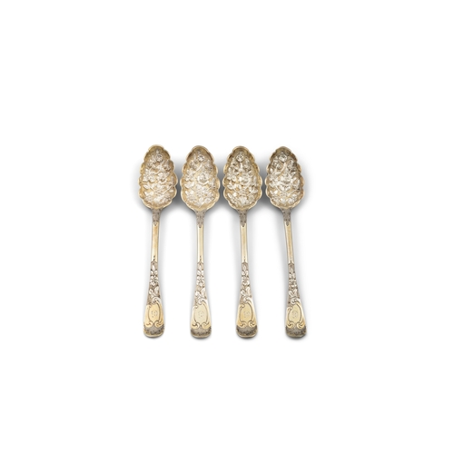 597 - A SET OF FOUR GEORGE IV SILVER GILT BERRY SPOONS,  London 1827, mark possibly that of William Chawne... 