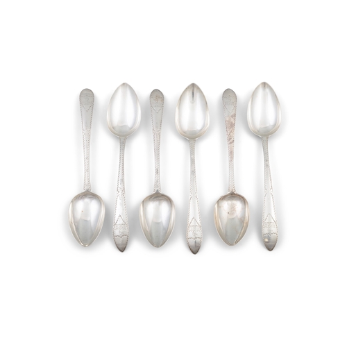 602 - A SET OF SIX GEORGE III IRISH SILVER BRIGHT-CUT POINT HANDLE TABLE SPOONS,  Dublin 1785, mark of Joh... 