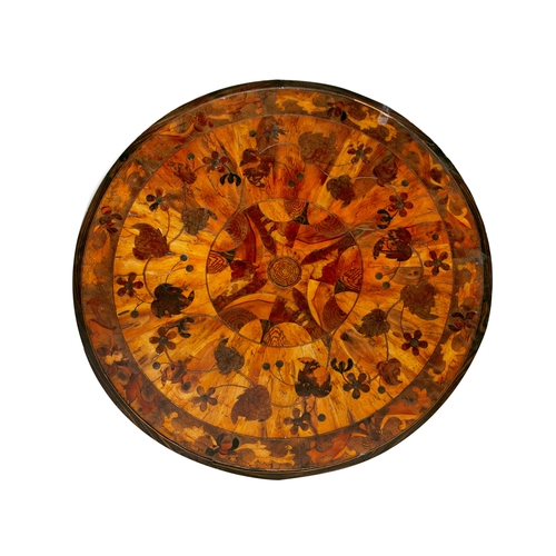 605 - A VICTORIAN INLAID MARQUETRY TOP CIRCULAR CENTRE TABLE,  the top inlaid with foliate scrolls, raised... 