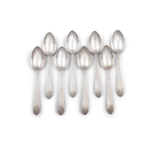 609 - A MATCHED SET OF EIGHT GEORGE III IRISH SILVER BRIGHT CUT TAPER HANDLE TABLE SPOONS,  Dublin 1785 (6... 