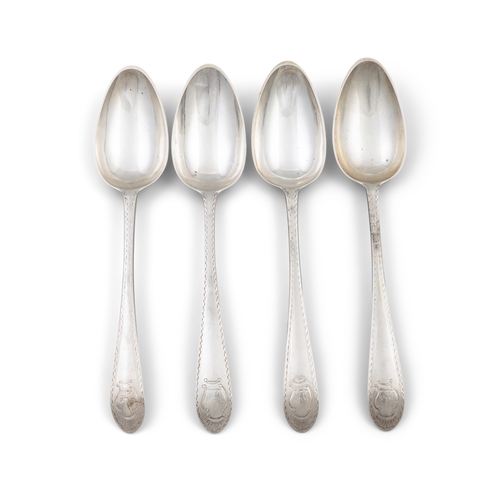 610 - FOUR SIMILAR GEORGE III SILVER BRIGHT CUT TAPER HANDLE TABLE SPOONS,  Dublin 1780 (2), 1786 (1) & c.... 