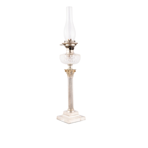 612 - A SILVER PLATED OIL LAMP,  with cut glass bowl and Corinthian column stem on stepped base, 58cm high... 