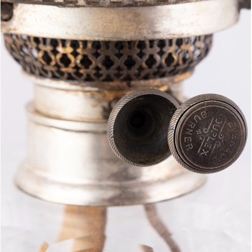 612 - A SILVER PLATED OIL LAMP,  with cut glass bowl and Corinthian column stem on stepped base, 58cm high... 