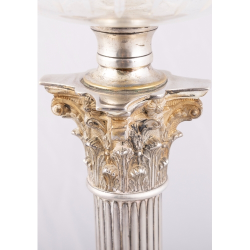 612 - A SILVER PLATED OIL LAMP,  with cut glass bowl and Corinthian column stem on stepped base, 58cm high... 