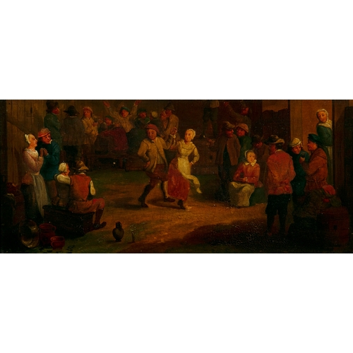 616 - DUTCH SCHOOL, 19TH CENTURY Villagers Dancing in a Barn Yard Oil on panel, 13 x 30cm