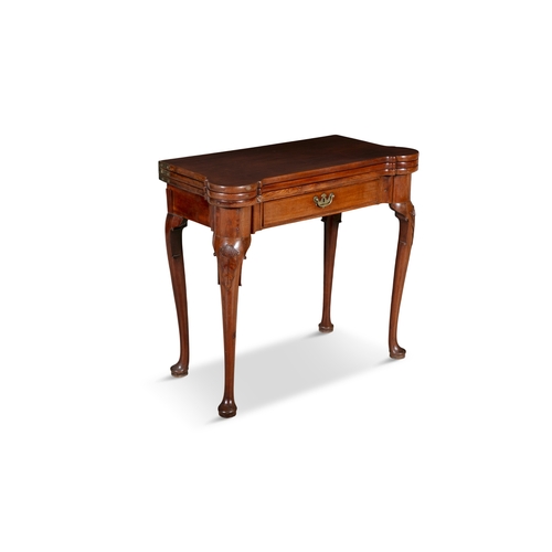 618 - A GEORGE III TRIPLE FOLDING TOP TEA/GAMES TABLE,  the plain top with rounded corners opening to reve... 