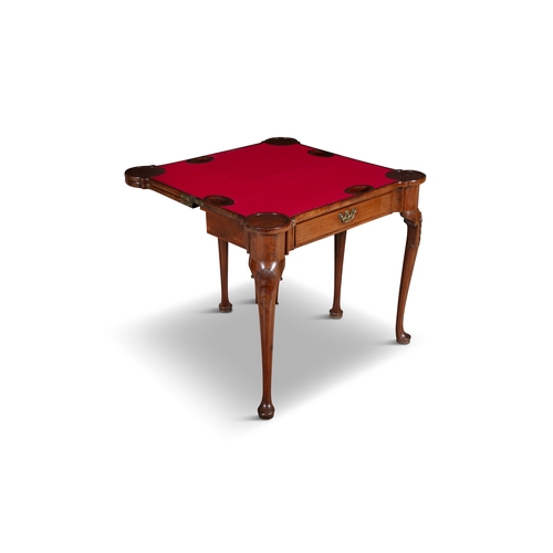 618 - A GEORGE III TRIPLE FOLDING TOP TEA/GAMES TABLE,  the plain top with rounded corners opening to reve... 