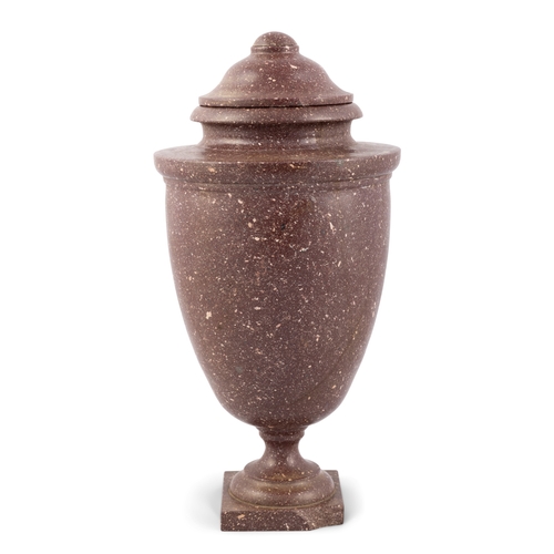 624 - AN ITALIAN PORPHYRY URN AND COVER,  20th century, of classical design, domed detachable top on an ov... 