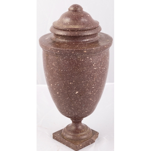 624 - AN ITALIAN PORPHYRY URN AND COVER,  20th century, of classical design, domed detachable top on an ov... 