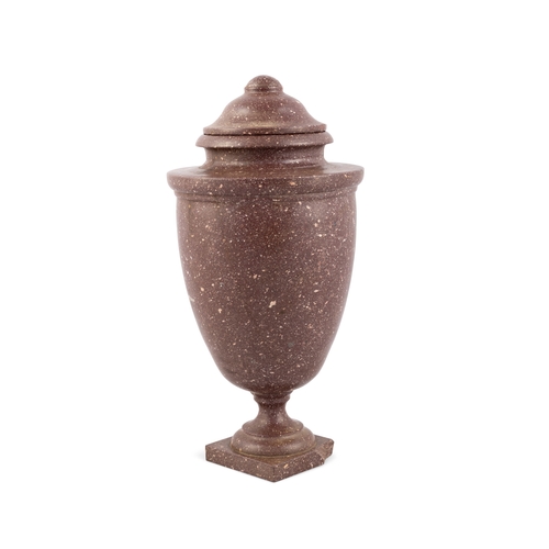 624 - AN ITALIAN PORPHYRY URN AND COVER,  20th century, of classical design, domed detachable top on an ov... 