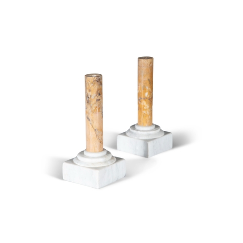 625 - A PAIR OF GRAND TOUR SIENNA AND CARRARA MARBLE COLUMNS, ITALIAN 19TH CENTURY,  Each 28cm high, Bases... 