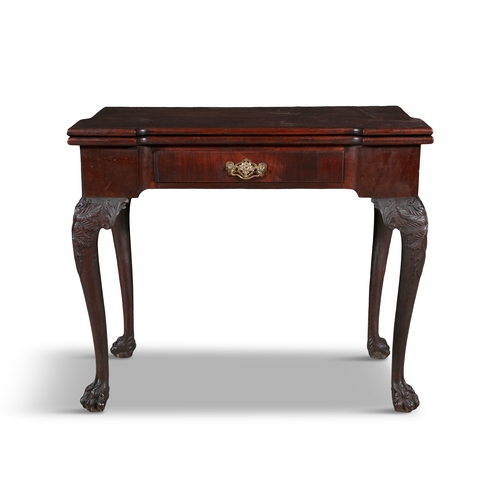 628 - AN IRISH GEORGE III FOLD OVER MAHOGANY TEA TABLE,   solid panel top with outset corners, with single... 