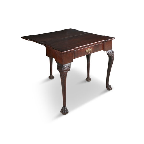 628 - AN IRISH GEORGE III FOLD OVER MAHOGANY TEA TABLE,   solid panel top with outset corners, with single... 