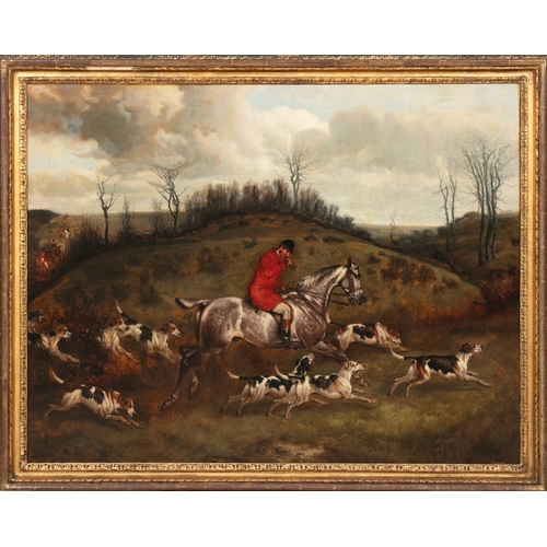 634 - JOHN ALFRED WHEELER (1821 - 1903) Huntsman on a Grey with Hounds Signed Oil on canvas, 85 x 110cm