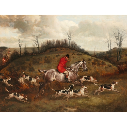 634 - JOHN ALFRED WHEELER (1821 - 1903) Huntsman on a Grey with Hounds Signed Oil on canvas, 85 x 110cm