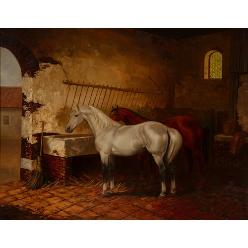 635 - ENGLISH SCHOOL 19TH CENTURY  A Grey and Chestnut Horse in Stable  Oil on panel, 39 x 49cm