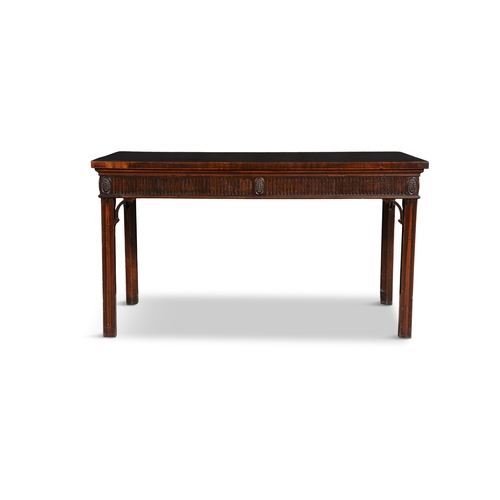 637 - A GEORGE III MAHOGANY RECTANGULAR SERVING TABLE,   the crossbanded top above a fluted frieze, with c... 