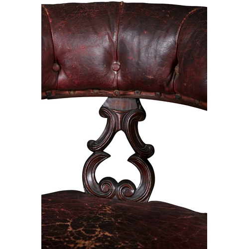 638 - A VICTORIAN MAHOGANY FRAMED SWIVEL ACTION LIBRARY CHAIR,  with stuffed tub shaped back and pierced v... 