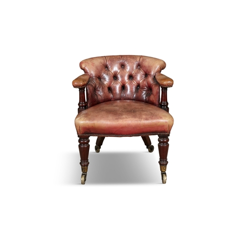 644 - AN EARLY VICTORIAN DEEP TUB BACK CHAIR,  upholstered in button back leather, supported on turned tap... 