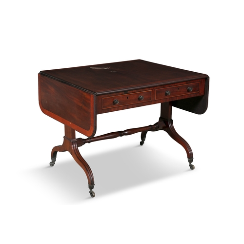 655 - A GEORGE IV INLAID MAHOGANY DOUBLE DROP LEAF SOFA TABLE,   the top with crossbanded border, above tw... 