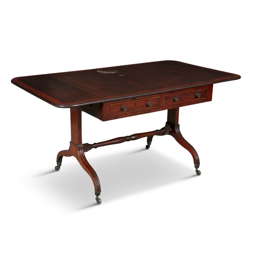 655 - A GEORGE IV INLAID MAHOGANY DOUBLE DROP LEAF SOFA TABLE,   the top with crossbanded border, above tw... 