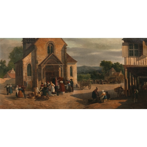 657 - CONTINENTAL SCHOOL Figures outside a Church (Sunday Market) Oil on canvas, 33.5 x 69cm