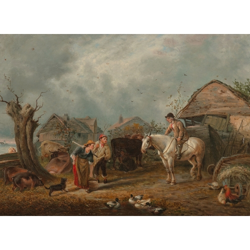 659 - E. V. HAROPE (VICTORIAN SCHOOL) The Farmyard Congregation Signed Oil on canvas, 27.5 x 37.5cm