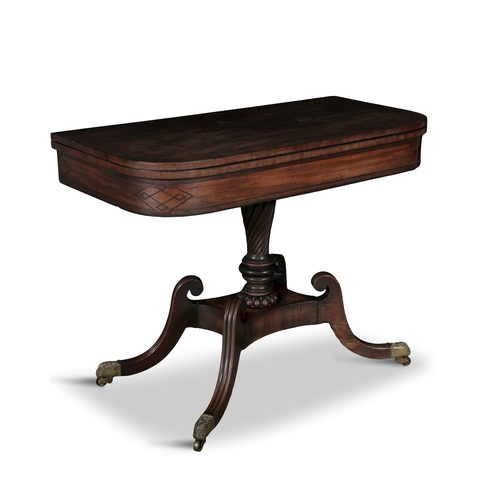 661 - A GEORGE IV INLAID MAHOGANY FOLDING TOP TEA TABLE,  the cross banded top, above a frieze decorated w... 