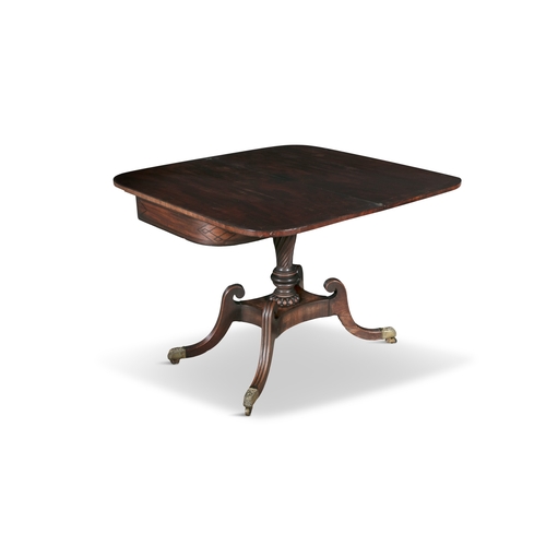 661 - A GEORGE IV INLAID MAHOGANY FOLDING TOP TEA TABLE,  the cross banded top, above a frieze decorated w... 