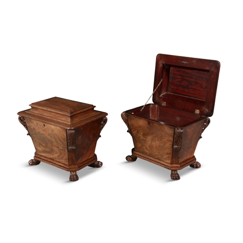 664 - A PAIR OF IRISH WILLIAM IV MAHOGANY WINE COOLERS,  Each of sarcophagus shaped with domed hinged cove... 