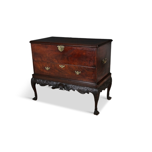 665 - AN IRISH GEORGE III MAHOGANY BLANKET CHEST ON STAND,  the moulded rectangular lift-top above a long ... 