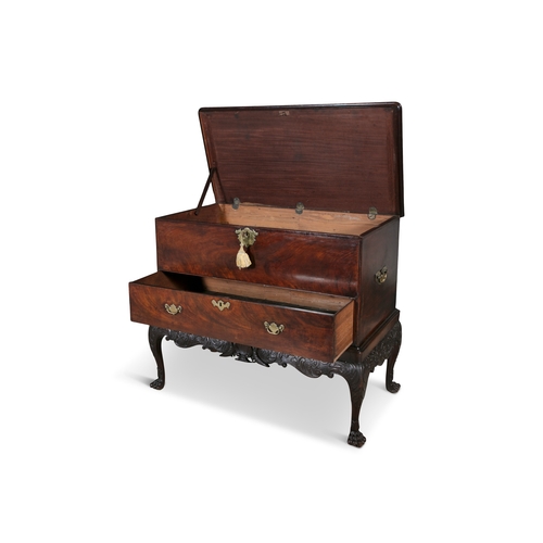 665 - AN IRISH GEORGE III MAHOGANY BLANKET CHEST ON STAND,  the moulded rectangular lift-top above a long ... 