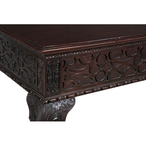 671 - A FINE MAHOGANY CHINESE CHIPPENDALE SIDE TABLE,  the solid panel top above a blind fret work freeze ... 