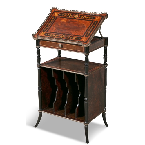 674 - A VICTORIAN EBONY INLAID WALNUT AND EBONY TIERED WHAT-NOT/MUSIC CANTERBURY,  the shaped rectangular ... 