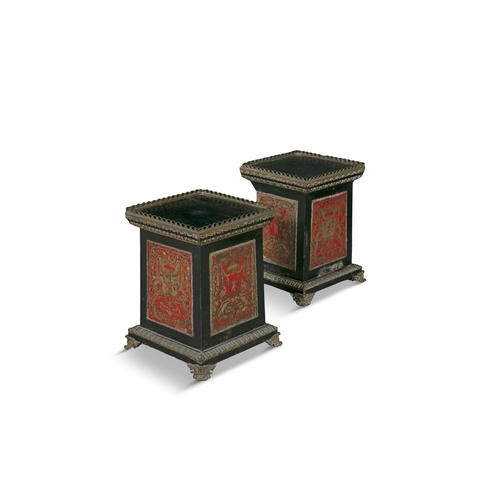 676 - A PAIR OF RED BOULLE BRASS MOUNTED PEDESTALS 19TH CENTURY,  each of square tapered form with raised ... 