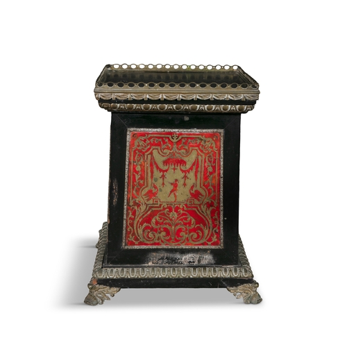 676 - A PAIR OF RED BOULLE BRASS MOUNTED PEDESTALS 19TH CENTURY,  each of square tapered form with raised ... 