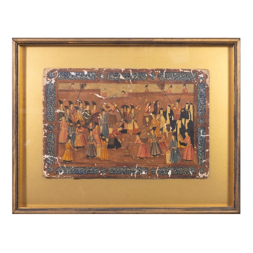 686 - A PERSIAN POLYCHROME LACQUER PAINTED PANEL, QAJAR PERIOD CIRCA 1870 depicting figures at a village f... 