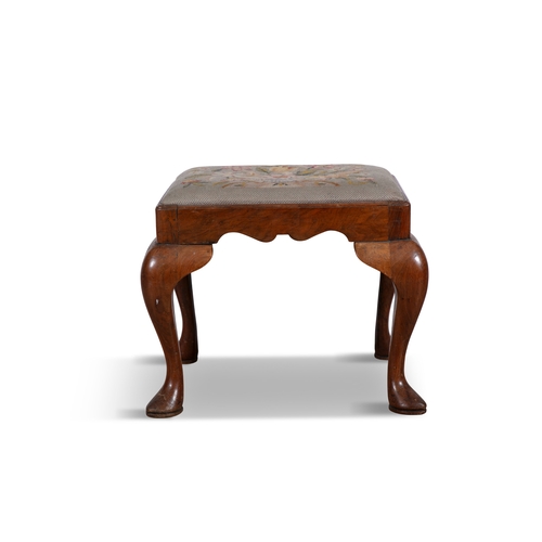 704 - A WALNUT FRAMED RECTANGULAR STOOL 19TH CENTURY  fitted with drop-in tapestry seat, on cabriole legs ... 