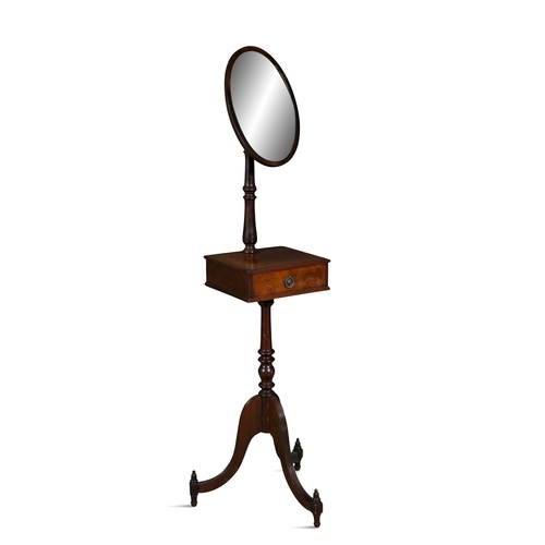 707 - A MAHOGANY AND SATINWOOD BANDED SHAVING MIRROR, 19TH CENTURY,   fitted with an adjustable oval plate... 