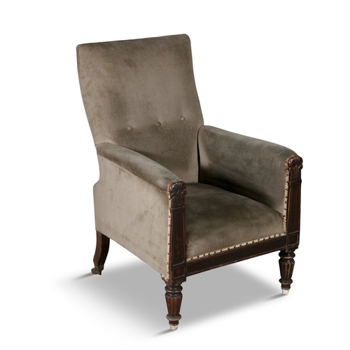 708 - A GEORGE IV MAHOGANY FRAMED ARMCHAIR,  the padded rectangular back and seat covered in a soft sage g... 