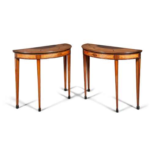 711 - A PAIR OF GEORGE III SATINWOOD HAREWOOD AND MARQUETRY INLAID SEMI-ELLIPTICAL TABLES,  each crossband... 