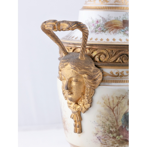 719 - A PAIR OF SEVRES STYLE PORCELAIN AND ORMOLU MOUNTED URNS, Signed A. Daret, 33cm(h)