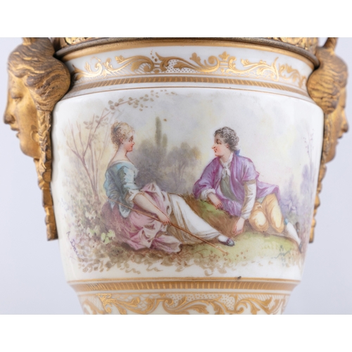 719 - A PAIR OF SEVRES STYLE PORCELAIN AND ORMOLU MOUNTED URNS, Signed A. Daret, 33cm(h)