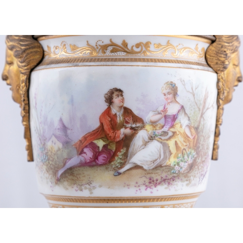 719 - A PAIR OF SEVRES STYLE PORCELAIN AND ORMOLU MOUNTED URNS, Signed A. Daret, 33cm(h)